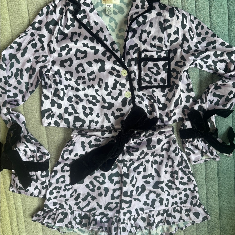 Beach Riot Lilac and Black Leopard Satin Pajama Short Set